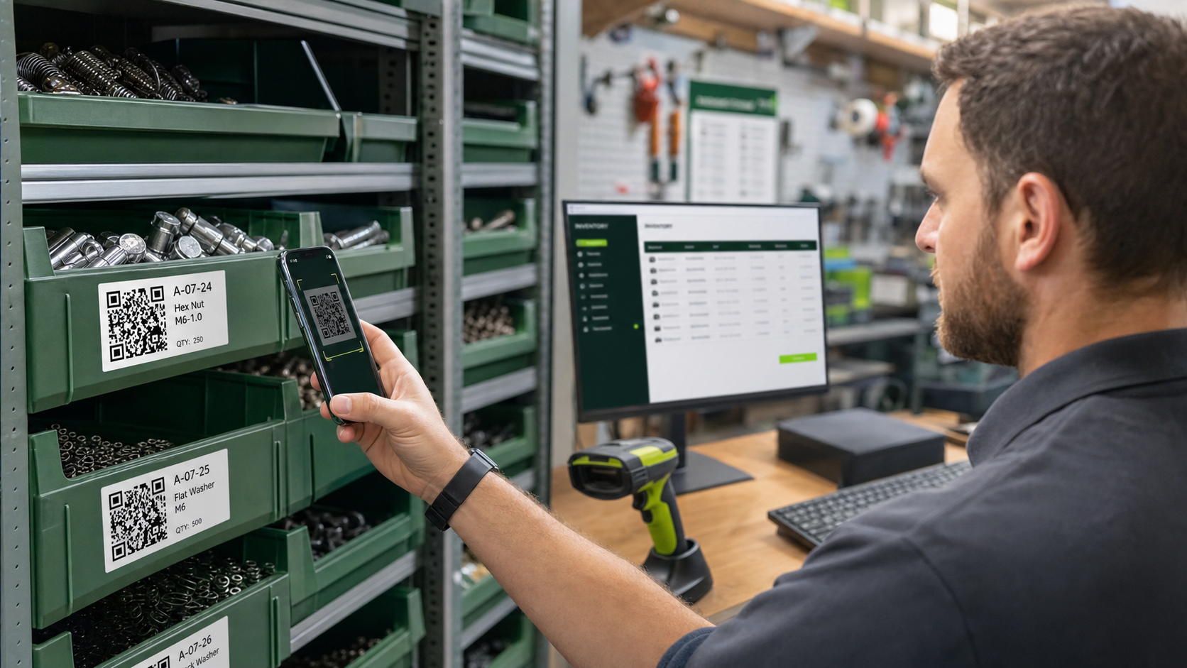Worker scanning an inventory label with a phone